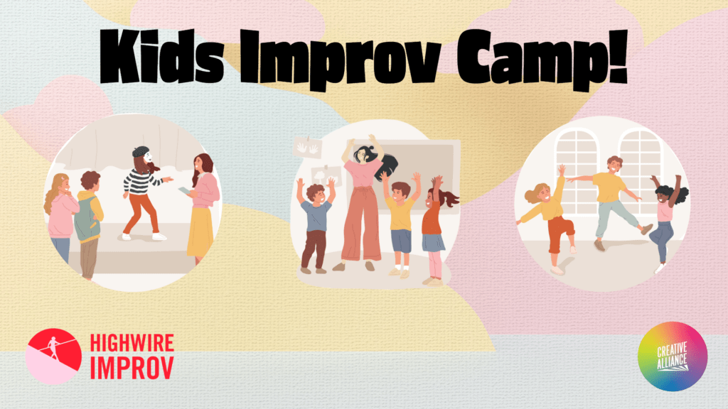 Graphic showing cartoon figures playing improv games.