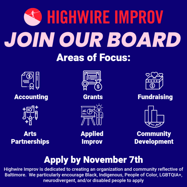 A graphic with a deep purple background indicates to join the Highwire Improv board.